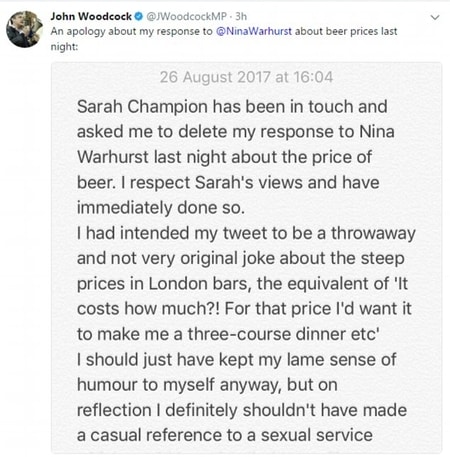 Labour MP John Woodcock apology post for his earlier remarks on Nina Warhurst tweet