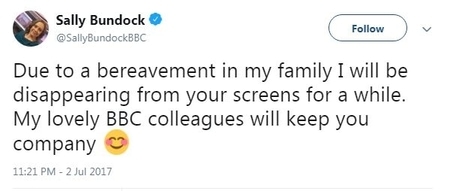 Sally Bundock tweet about her absence from BBC