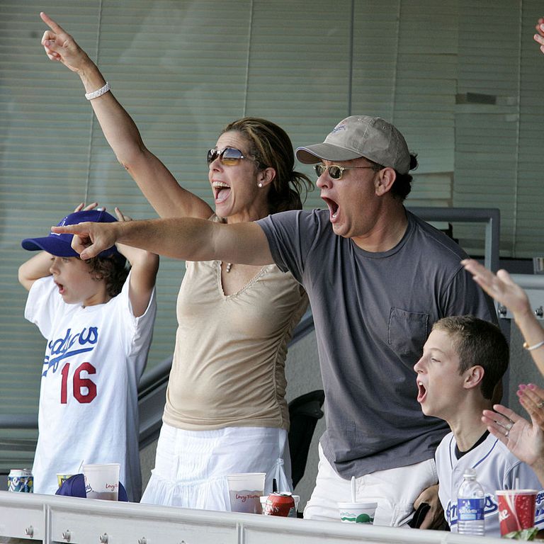 Tom Hanks' whole family at an LA Dodgers vs. St. Louis Cardinals baseball game on September 12. Know more about Tom Hank marriage, wife, children, affairs, and other marital and wedding details