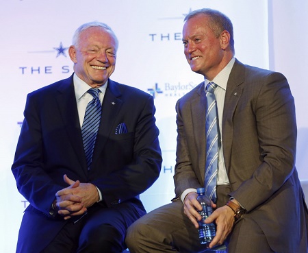 Dallas Cowboys owner and general manager Jerry Jones shares a laugh with Dallas Cowboys executive vice president Jerry Jones, Jr.