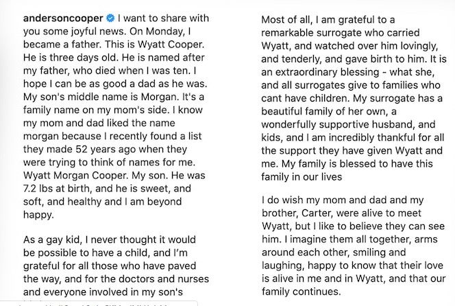 Copper's Instagram caption for the birth of his son