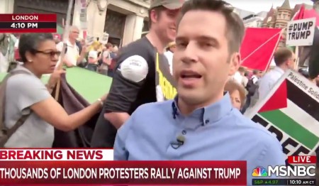 Cal Perry reporting from the protest against Donald Trump for MSNBC
