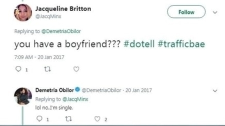 Demetria Obilor replying to the tweet claiming that she is single