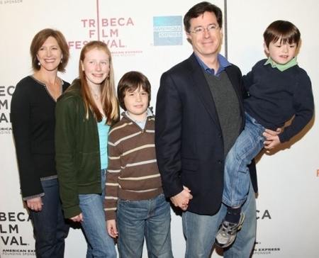 Stephen Colbert and Evelyn McGee with their three children at Tribeca Film Festival