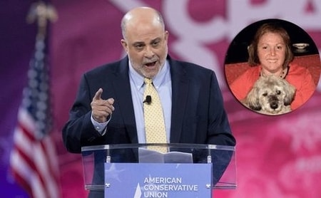 Mark Levin giving the speech at American Conservative Union with Kendall picture in a collage at the right side