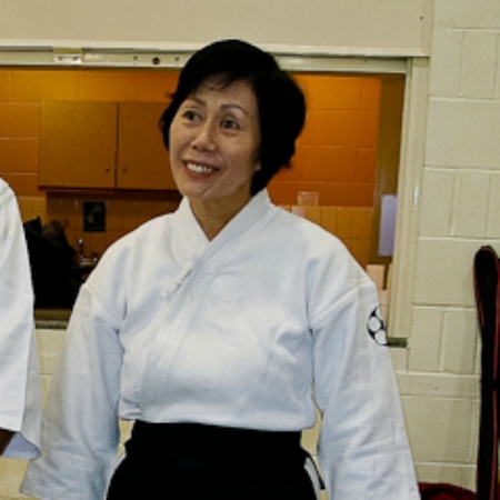 Miyako Fujitani in her martial arts outfit before the instruction