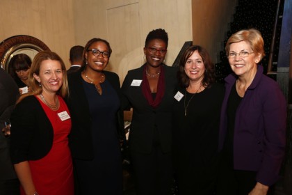 Amelia Warren Tyagi, with Heather McGhee, Tori O'Neal McElrath, Tamara Draut, and Elizabeth Warren (L-R), attended Consumer Advocate Adam Levin's host reception on 23rd October 2015 in New York City.