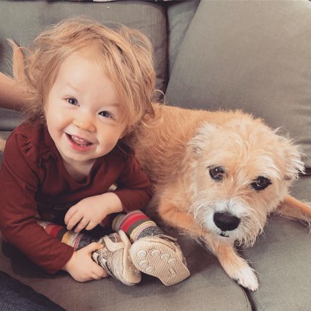 Photo of Lauren Cook's daughter and her pet dog