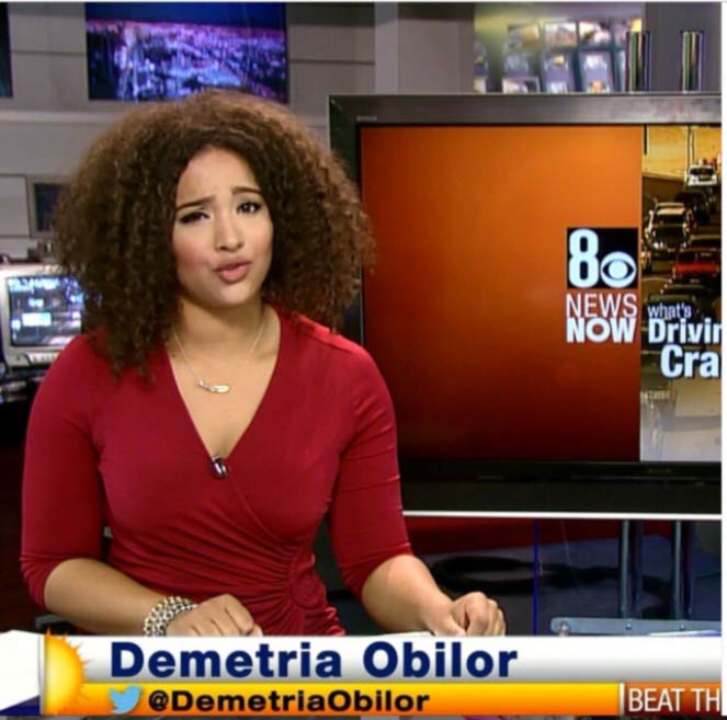  Demetria Obilor wearing red dress as a traffic reporter in 8 News Now channel