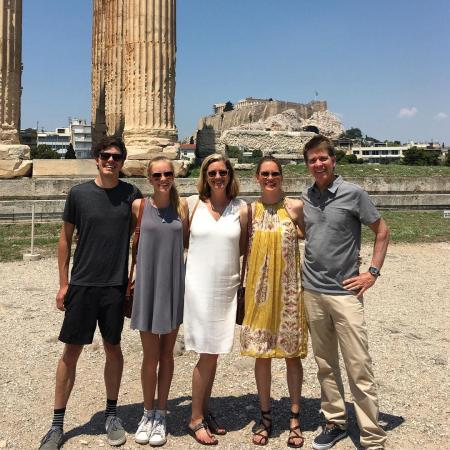 Hillary Peterson and her spouse, Blair with their three children at Arch of Hadrian on 25th June 2017