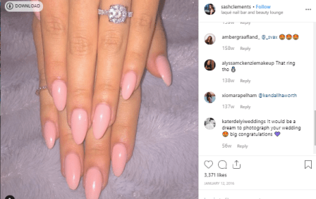 Sasha Clements showing her Diamond engagement ring via Instagram. gold, diamond, ring