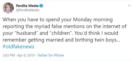 Perdita Weeks tweets about the fake news about her married relationship and husband