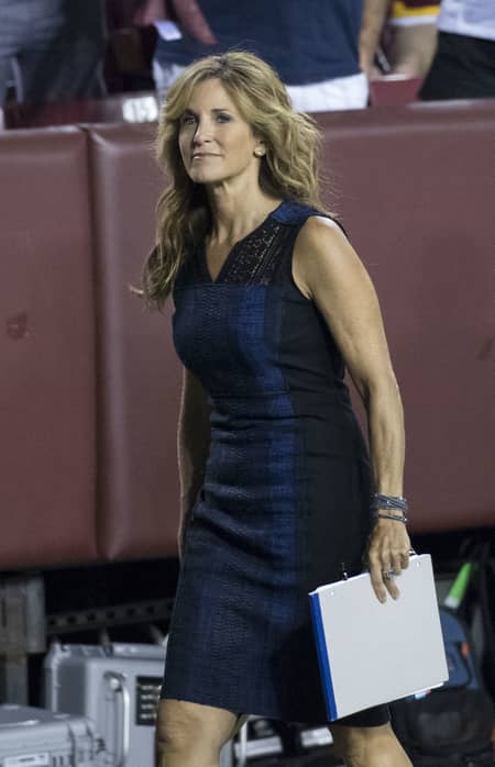 Suzy Kolber walking around the stadium with a report; for interviewing players