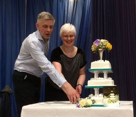 Peter Sawkins father John Sawkins, mother Morag Sawkins, celebrating their 25th marriage anniversary (as of 2018).