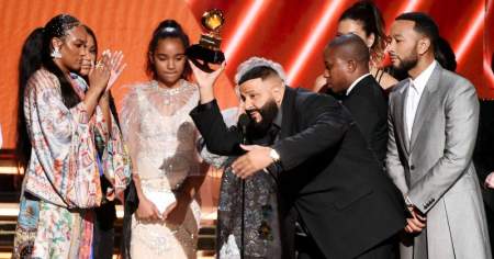 DJ Khaled, Nipsey Hussle, and John Legend taking the Grammy Award after listing up in the category of Best Rap/Song Performance