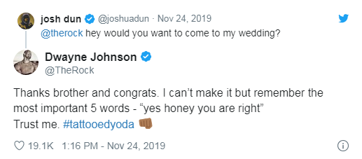 Twitter Conversation Between Dwayen Johnson(The Rock) And Josh , josh dun inviting Dwayne Johnson in his marriage