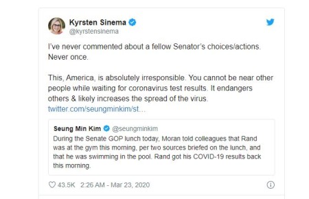 After Kentucky's junior senator, Rand Paul showed up at multiple places even after tested positive for coronavirus, Kyrsten Sinema slammed him.