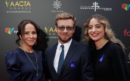 Rebecca Rigg (left) with her husband Simon Baker and daughter Stella Baker (right).