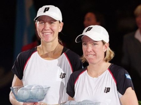 Lisa Raymond and Rennae Stubbs after winning the doubles final at the Sanex Championships in 2001.