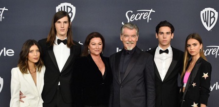 (L-R) Avery Wheless, Dylan Brosnan, Keely, Pierce Brosnan, Paris Brosnan, and Alex Lee Aillon attended the 2020 InStyle And Warner Bros 77th Annual Golden Globe Awards Post-Party. at The Beverly Hilton Hotel.'