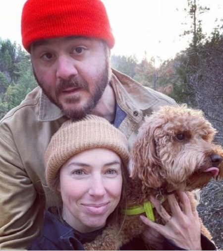 The actor James Pumphrey with his love partner Kasey Edward, and pet dog, Birdie.