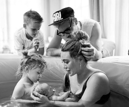 Hilary Duff with her husband Matthew Koma, son Lucas, daughter Banks Violet, and newly born baby girl, Mae James Bair. 