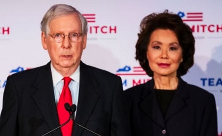 Mitch McConnell and Elaine Chao delivering their speech at the Omni Louisville Hotel on November 3, 2020