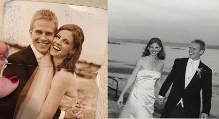 a collage photo of Santtu and Sarah’s wedding photos where Sarah is wearing a white dress and Santtu is wearing a black suit with white tie and shirt.