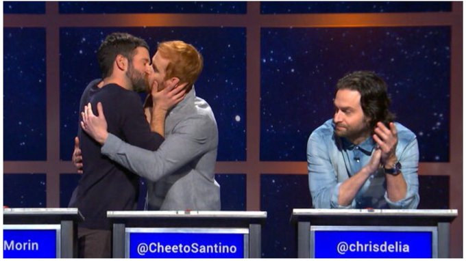 Andrew Santino kissing Brent Morin in Midnight show
