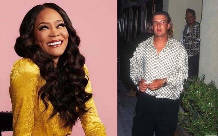 Robin Givens in a yellow dress smiling on the left photo and her husband in a white shirt and black pants in the right photo.