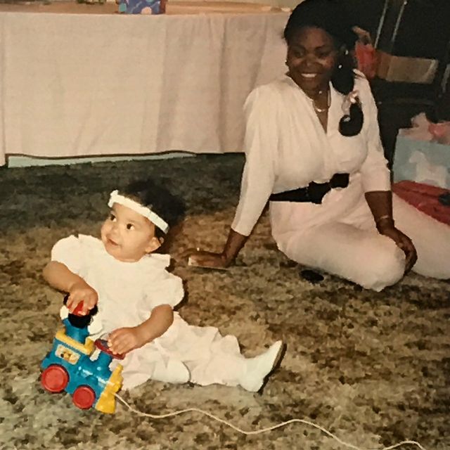 Childhood picture of Michele Weaver and her mother Nicole Weaver wearing white color dress
