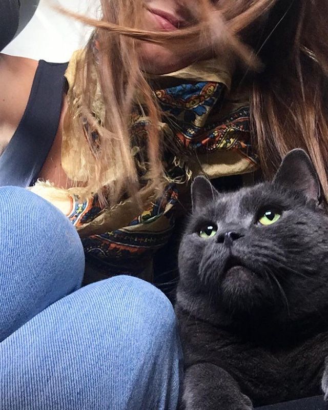 Rosanna Lockwood with her Cat by wearing blue jeans.