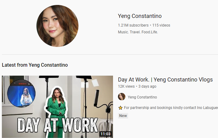 Screenshot of Yeng Constantino Youtube Channel 