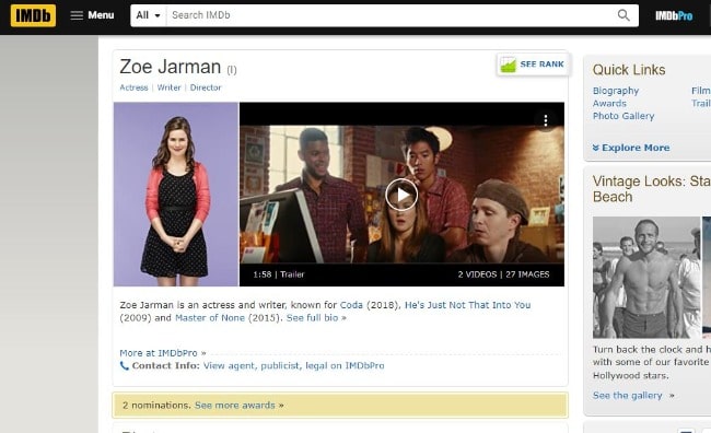 Screenshot of Zoe Jarman's IMDb profile