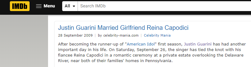 Screenshot of Reina Capodici and Justin Guarini's IMDb Profile