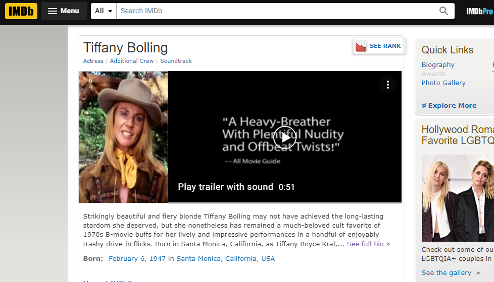 Screenshot of Tiffany Bolling's IMDb profile