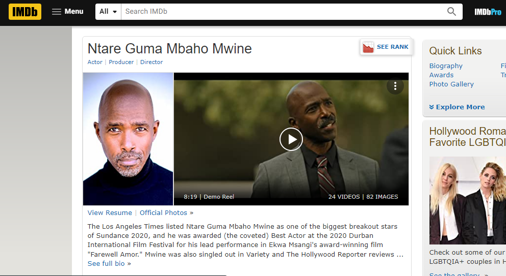 Screenshot of Ntare Guma Mbaho Mwine IMDb profile.