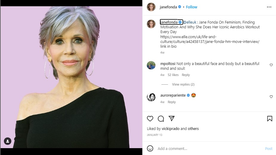 Justin Fonda's famous aunt Jane Fonda on her Instagram.