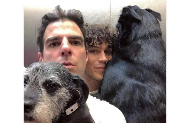Zachary Quinto with his ex-boyfriend Miles McMillan and their dogs.
