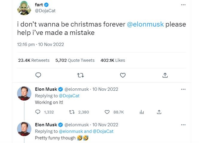 Elon Musk reacted to Doja Cat Tweet